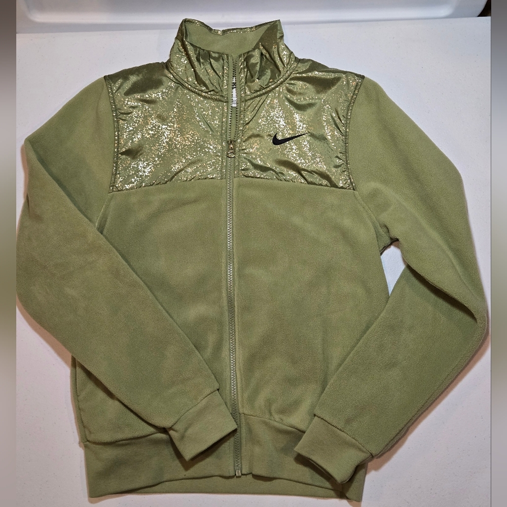 Nike Olive Green Stardust Plush Fleece Jacket with Gold Metallic Accents